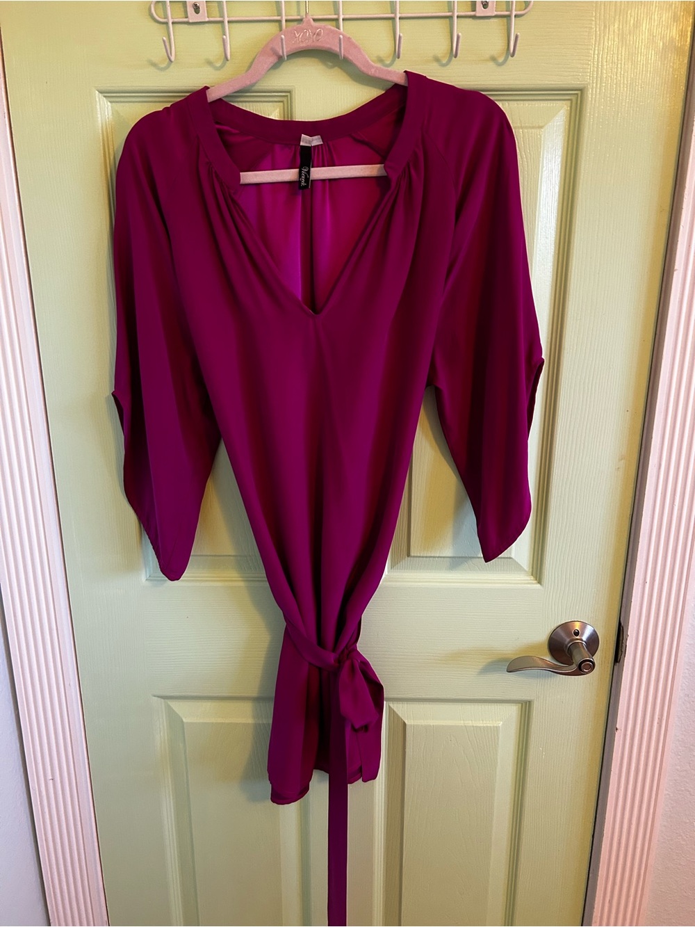 100% Silk Women’s Mini Dress with Waist Tie in Magenta - Picture 3 of 5
